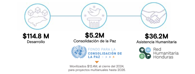 En 2024 se movilizaron $156.2 millones, distribuidos en $114.8 millones para desarrollo, $5.2 millones para consolidación de la paz y $36.2 millones para asistencia humanitaria. Además, se aseguraron $12.4 millones adicionales para proyectos de paz hasta 2026.